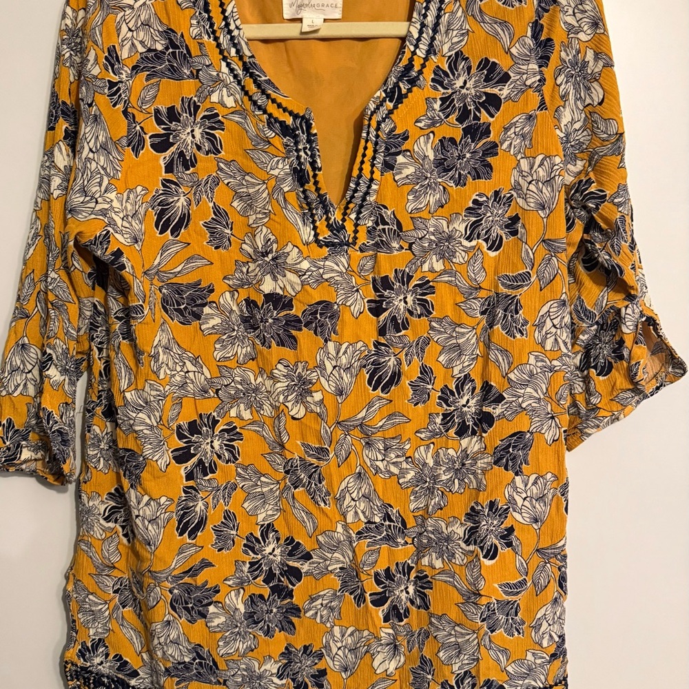 Magnolia Mustard and Navy Floral Blouse